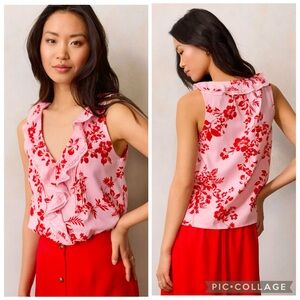 LC Lauren Conrad Top Pink Ruffle Pintuck Front Floral Sleeveless L